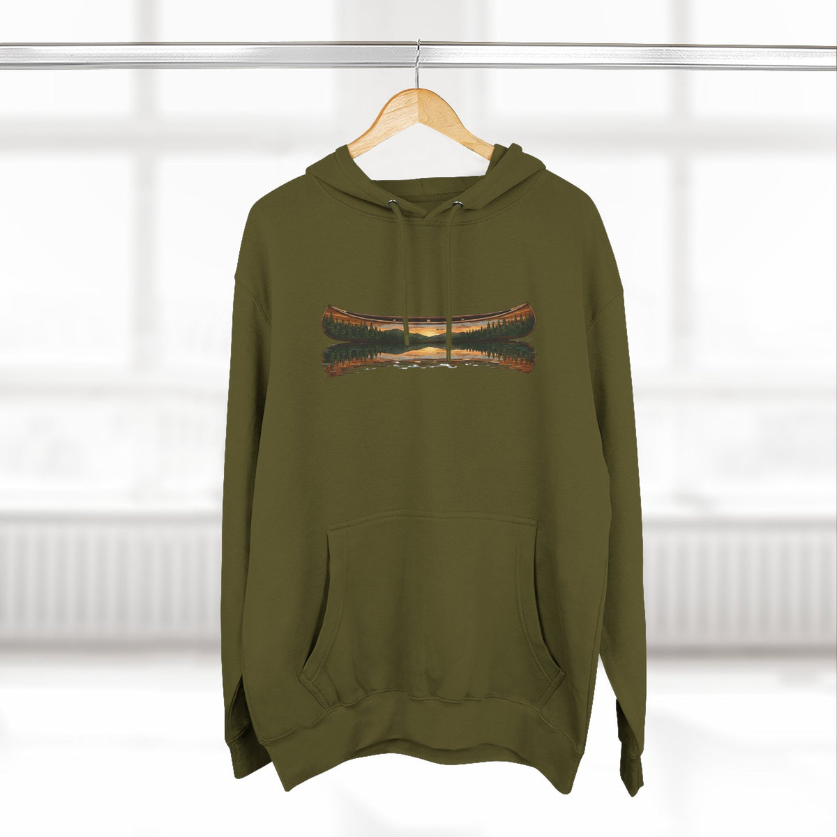 The "Morning Stillness" Premium Hoodie - Vintage Canoe Woodcut