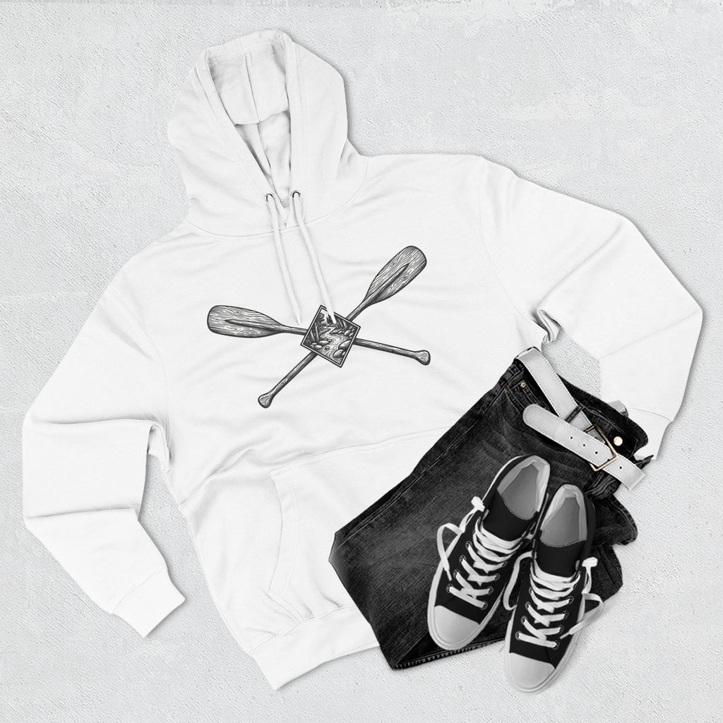 River Wanderer Premium Heavyweight Hoodie - Crossed Paddles Woodcut Design