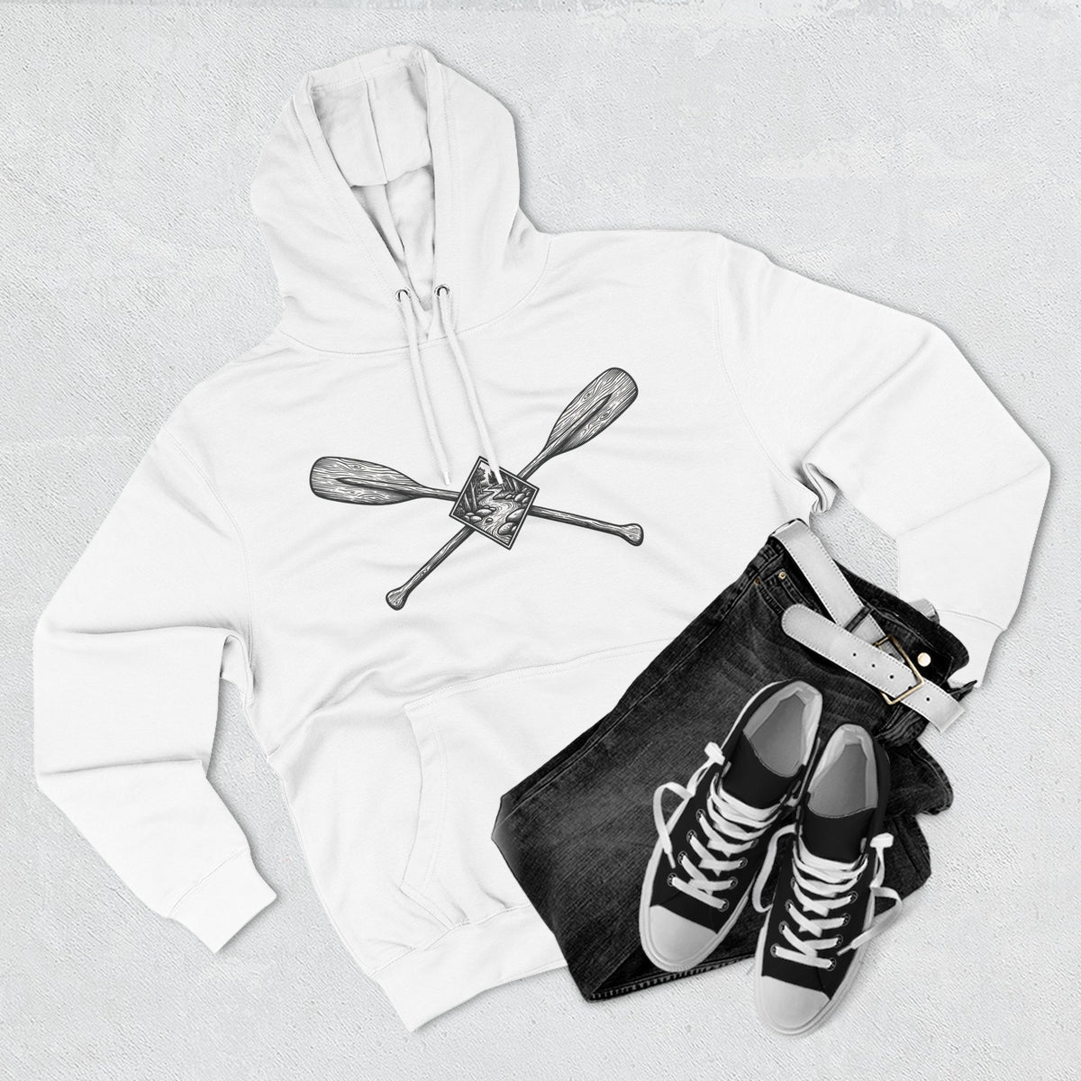 River Wanderer Premium Heavyweight Hoodie - Crossed Paddles Woodcut Design