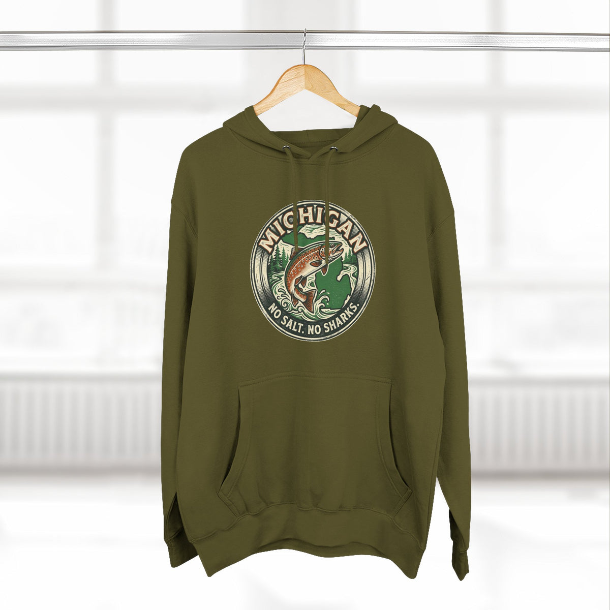 Michigan Fishing Badge Hoodie — No Salt, No Sharks Graphic Pullover