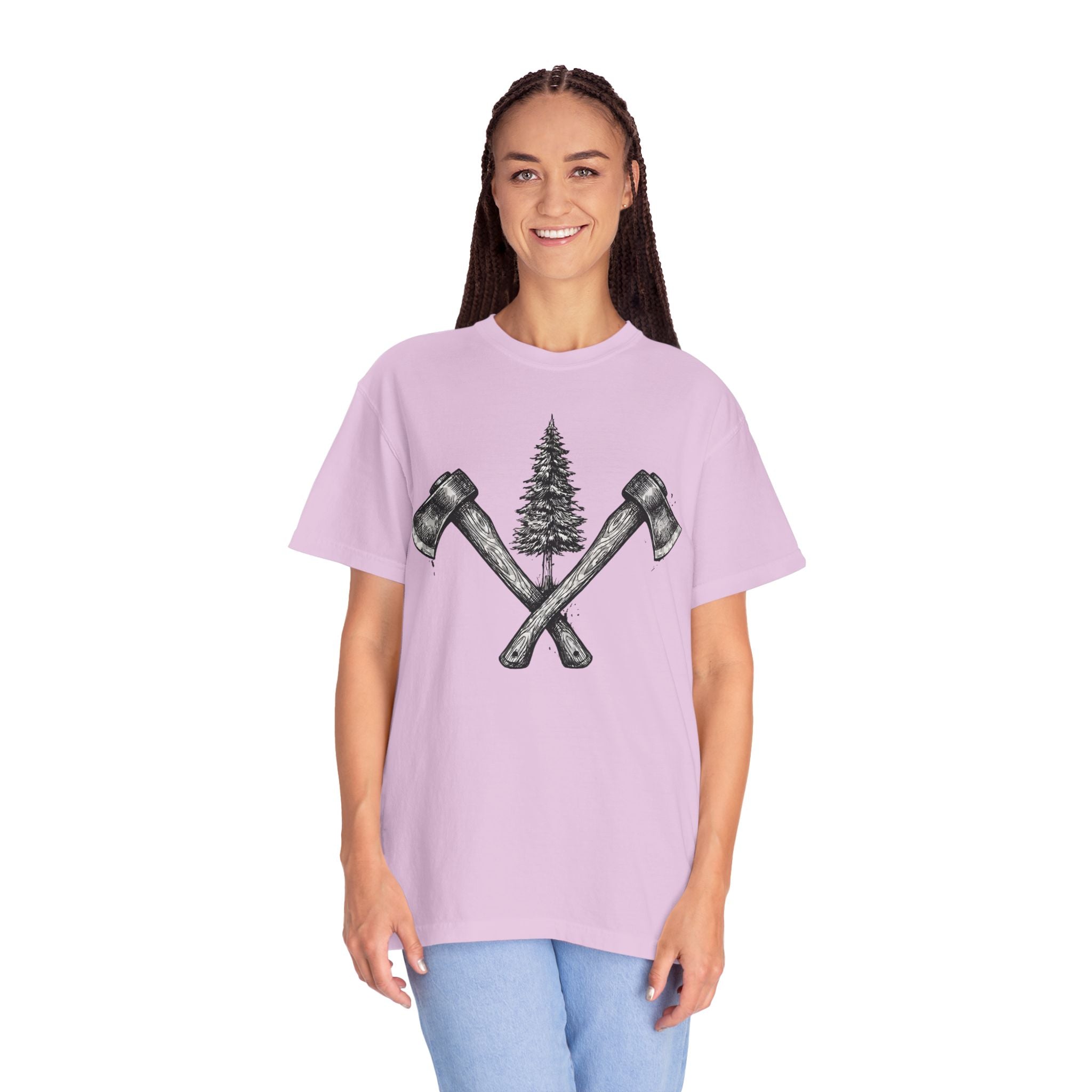 Axe & Pine Tree T-Shirt — Rustic Lumberjack Graphic Tee