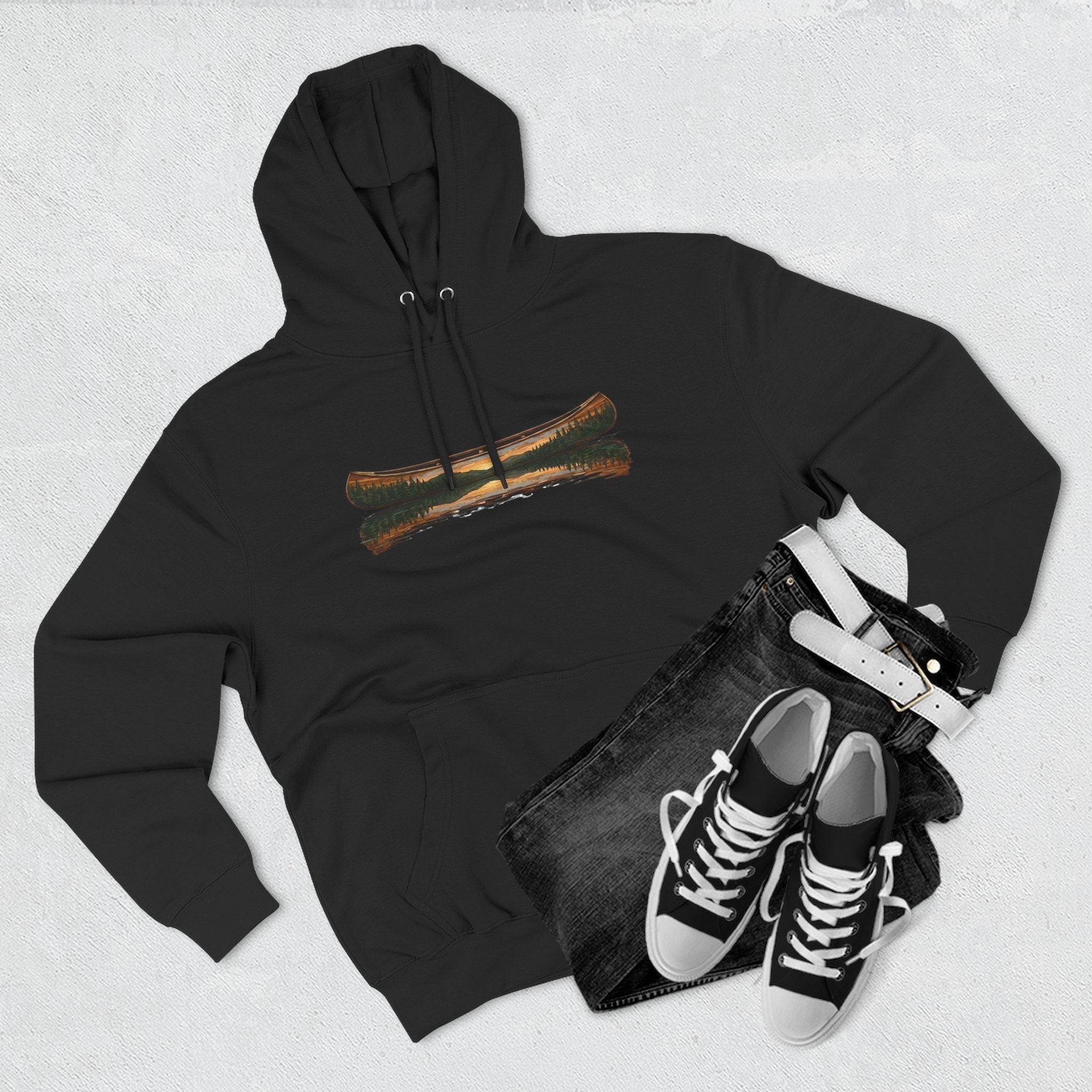 The "Morning Stillness" Premium Hoodie - Vintage Canoe Woodcut