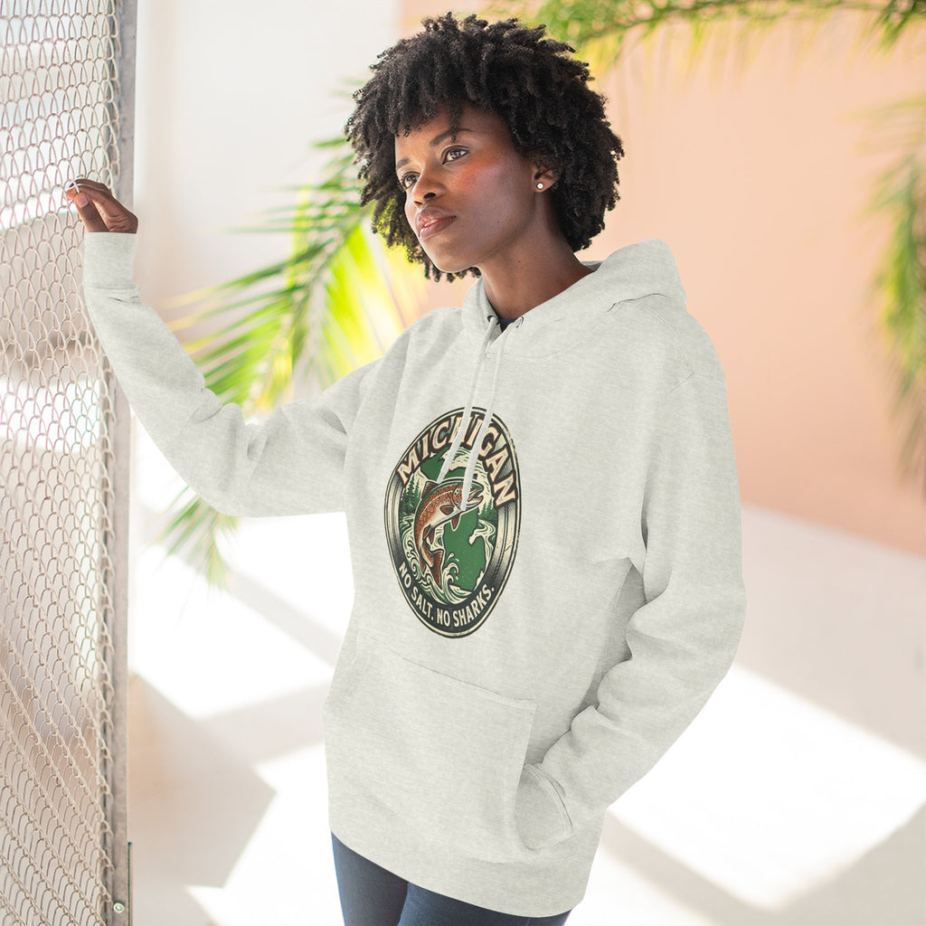 Michigan Fishing Badge Hoodie — No Salt, No Sharks Graphic Pullover