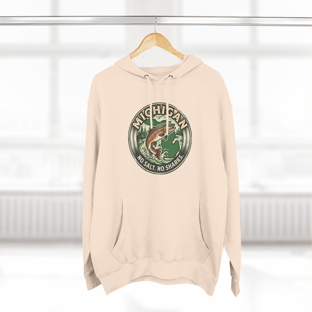 Michigan Fishing Badge Hoodie — No Salt, No Sharks Graphic Pullover