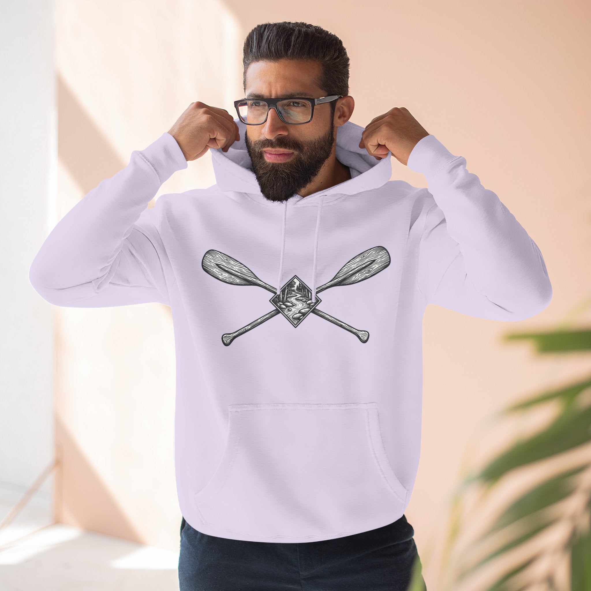 River Wanderer Premium Heavyweight Hoodie - Crossed Paddles Woodcut Design