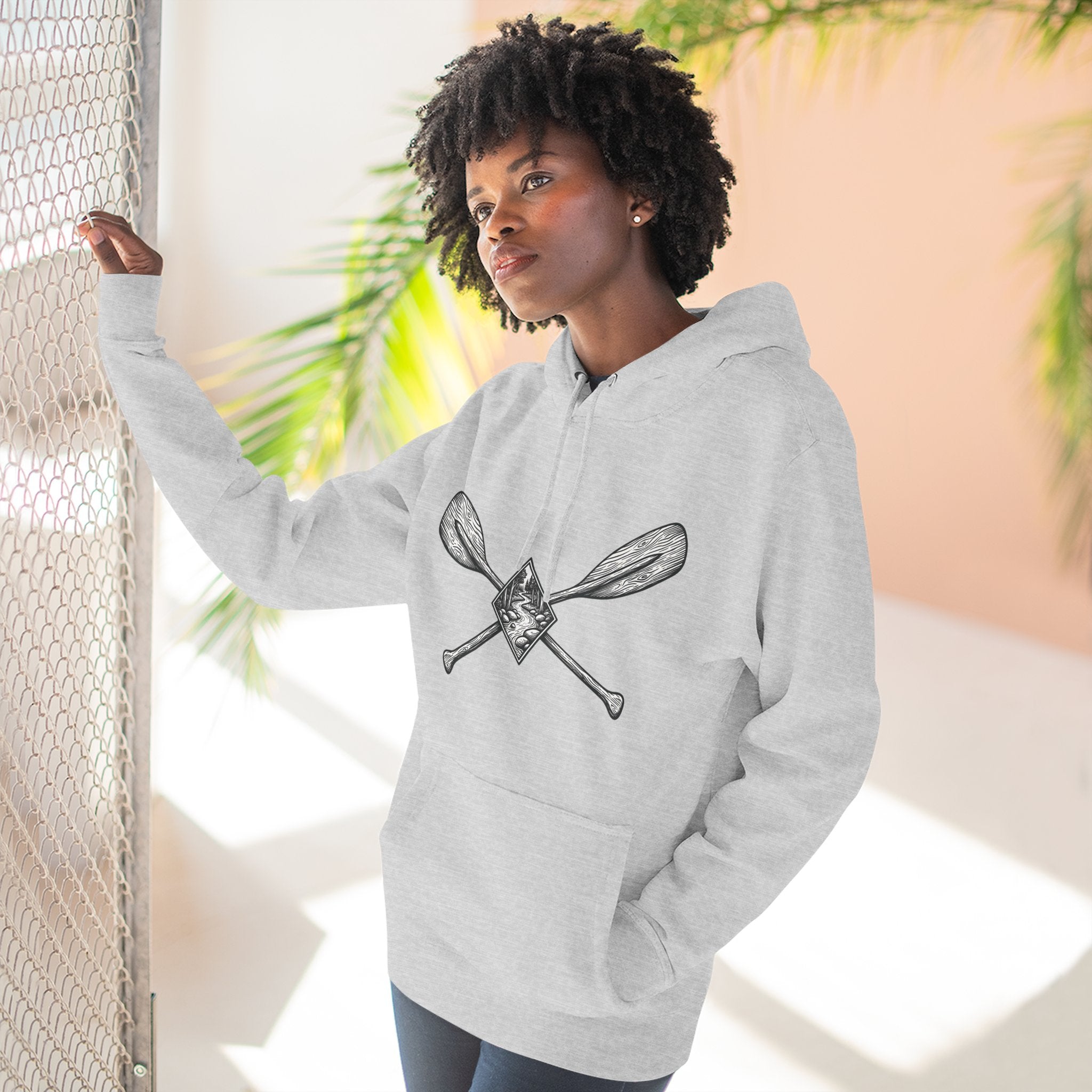 River Wanderer Premium Heavyweight Hoodie - Crossed Paddles Woodcut Design