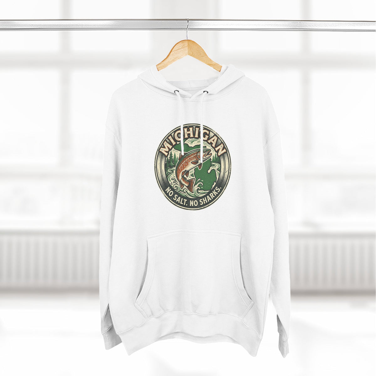Michigan Fishing Badge Hoodie — No Salt, No Sharks Graphic Pullover
