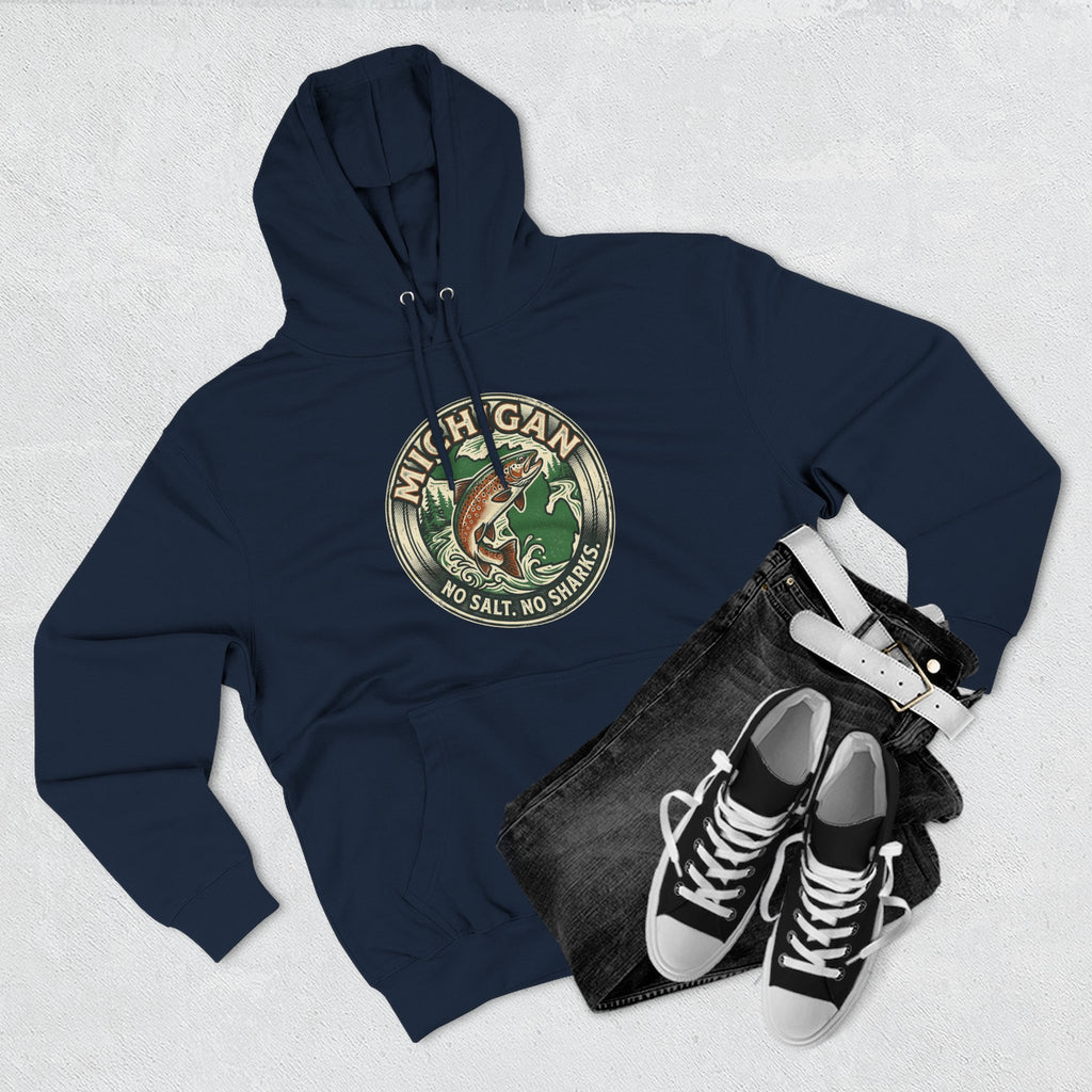 Michigan Fishing Badge Hoodie — No Salt, No Sharks Graphic Pullover