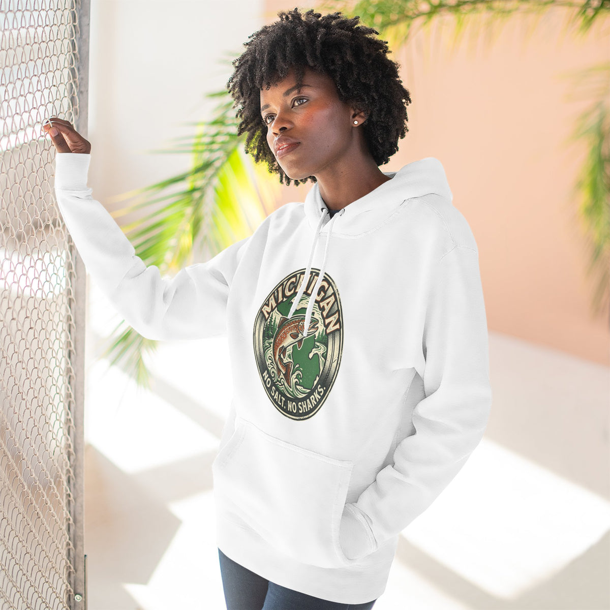 Michigan Fishing Badge Hoodie — No Salt, No Sharks Graphic Pullover