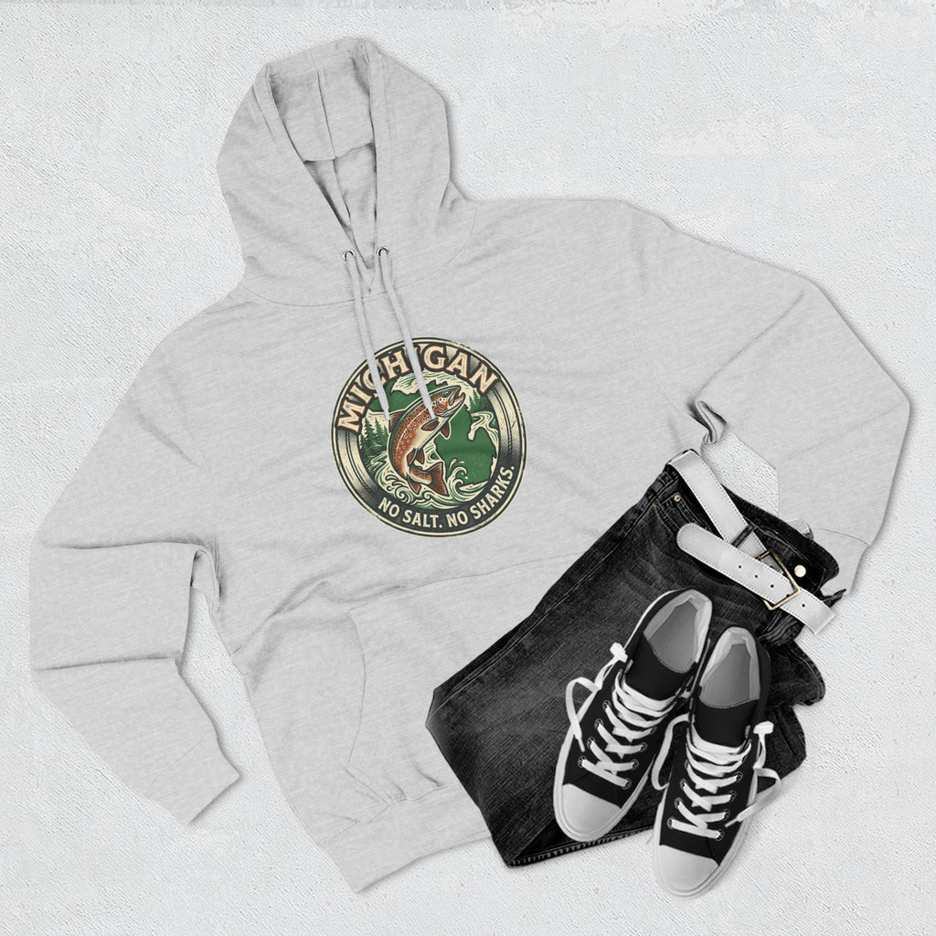 Michigan Fishing Badge Hoodie — No Salt, No Sharks Graphic Pullover