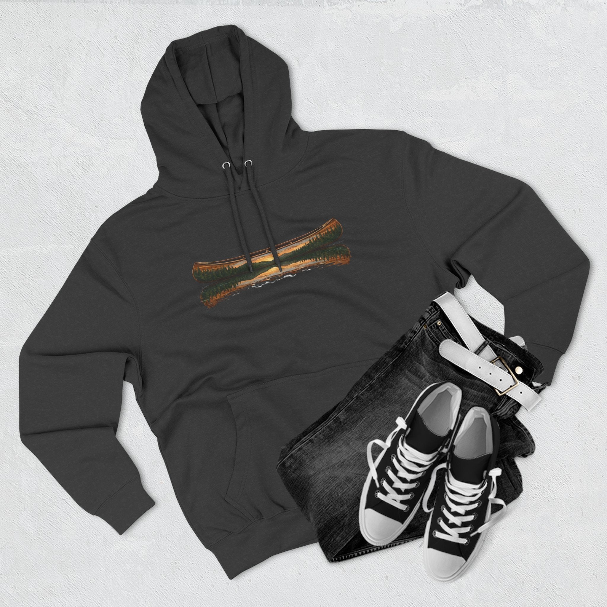 The "Morning Stillness" Premium Hoodie - Vintage Canoe Woodcut