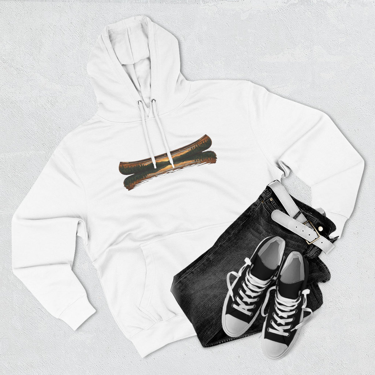 The "Morning Stillness" Premium Hoodie - Vintage Canoe Woodcut