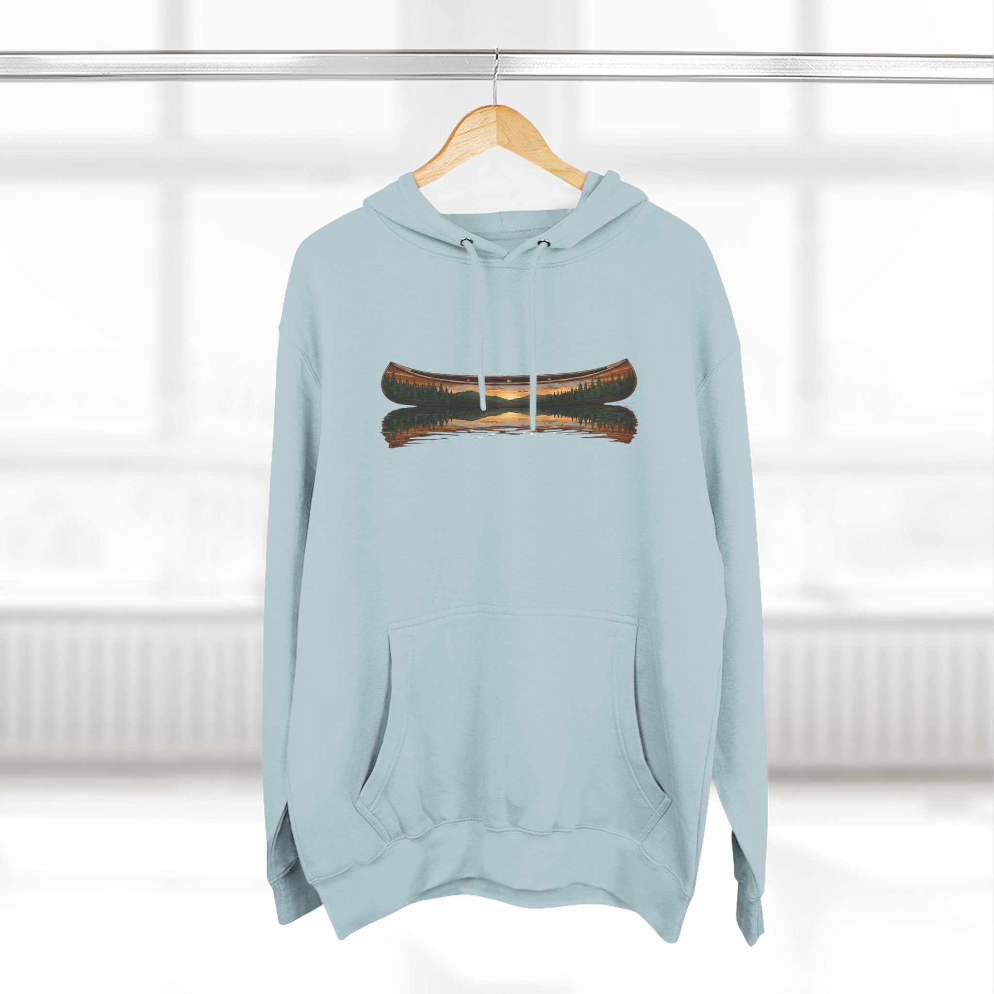The "Morning Stillness" Premium Hoodie - Vintage Canoe Woodcut