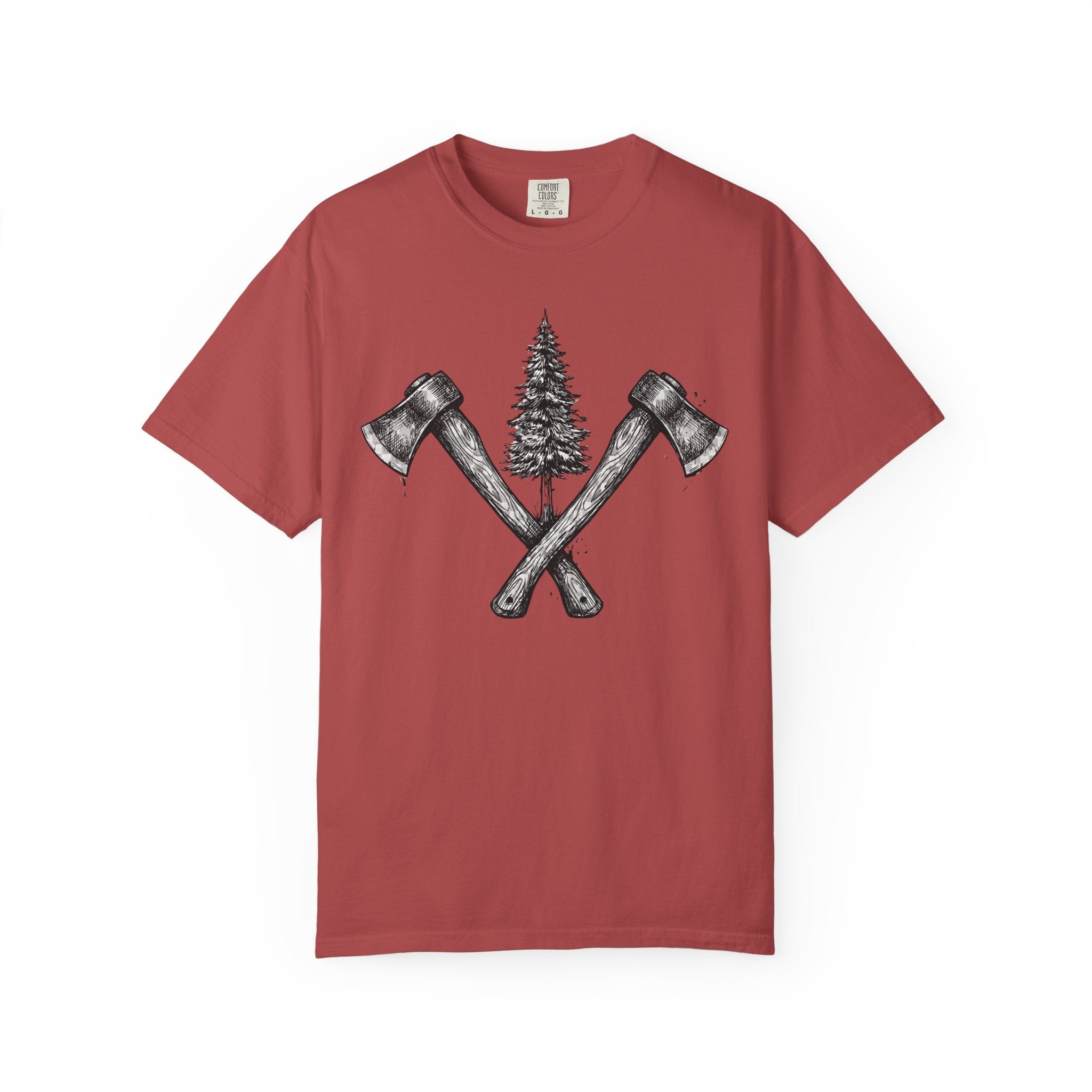 Axe & Pine Tree T-Shirt — Rustic Lumberjack Graphic Tee