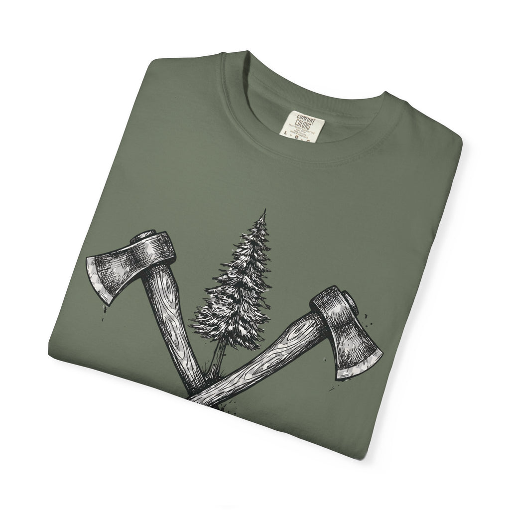 Axe & Pine Tree T-Shirt — Rustic Lumberjack Graphic Tee