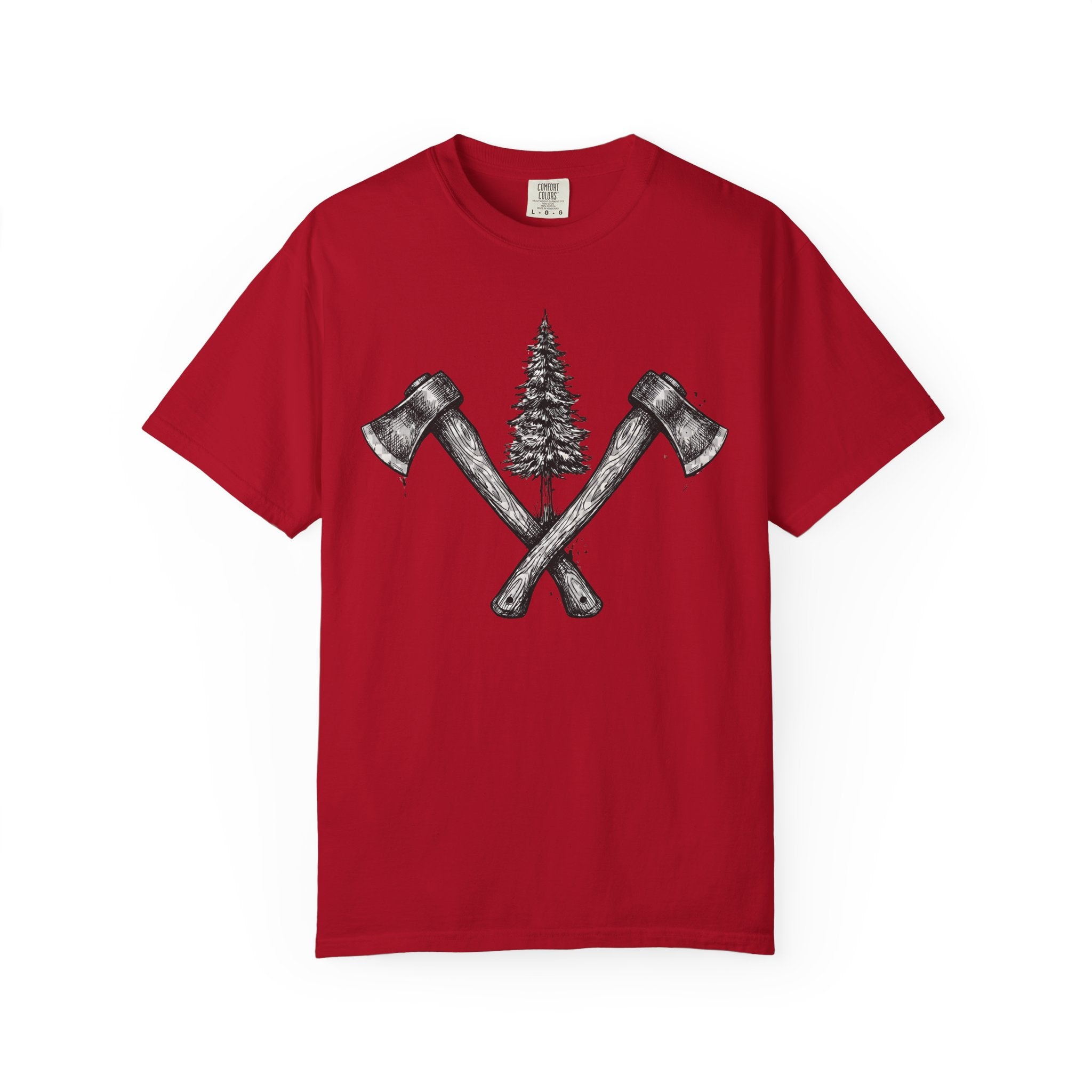 Axe & Pine Tree T-Shirt — Rustic Lumberjack Graphic Tee