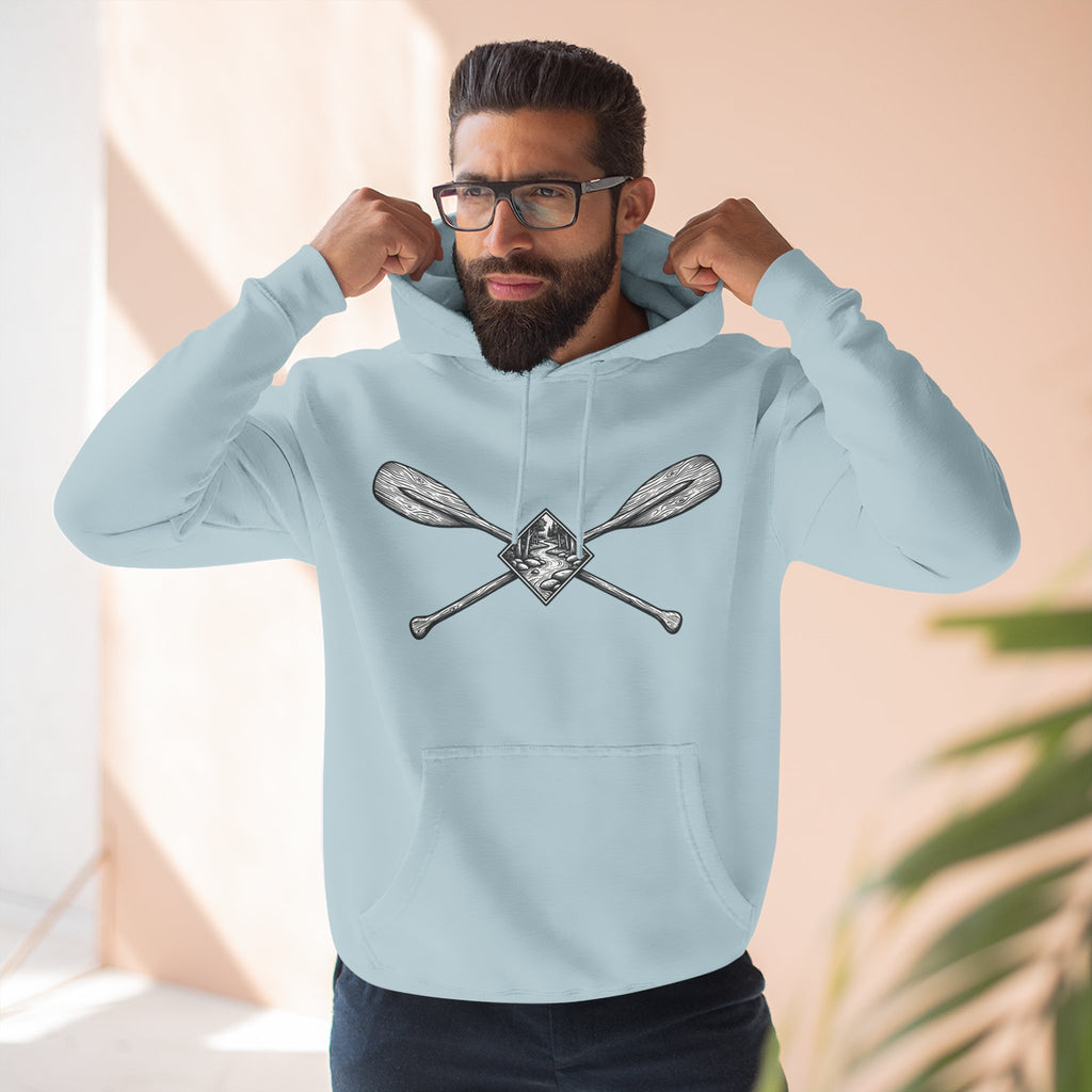 River Wanderer Premium Heavyweight Hoodie - Crossed Paddles Woodcut Design