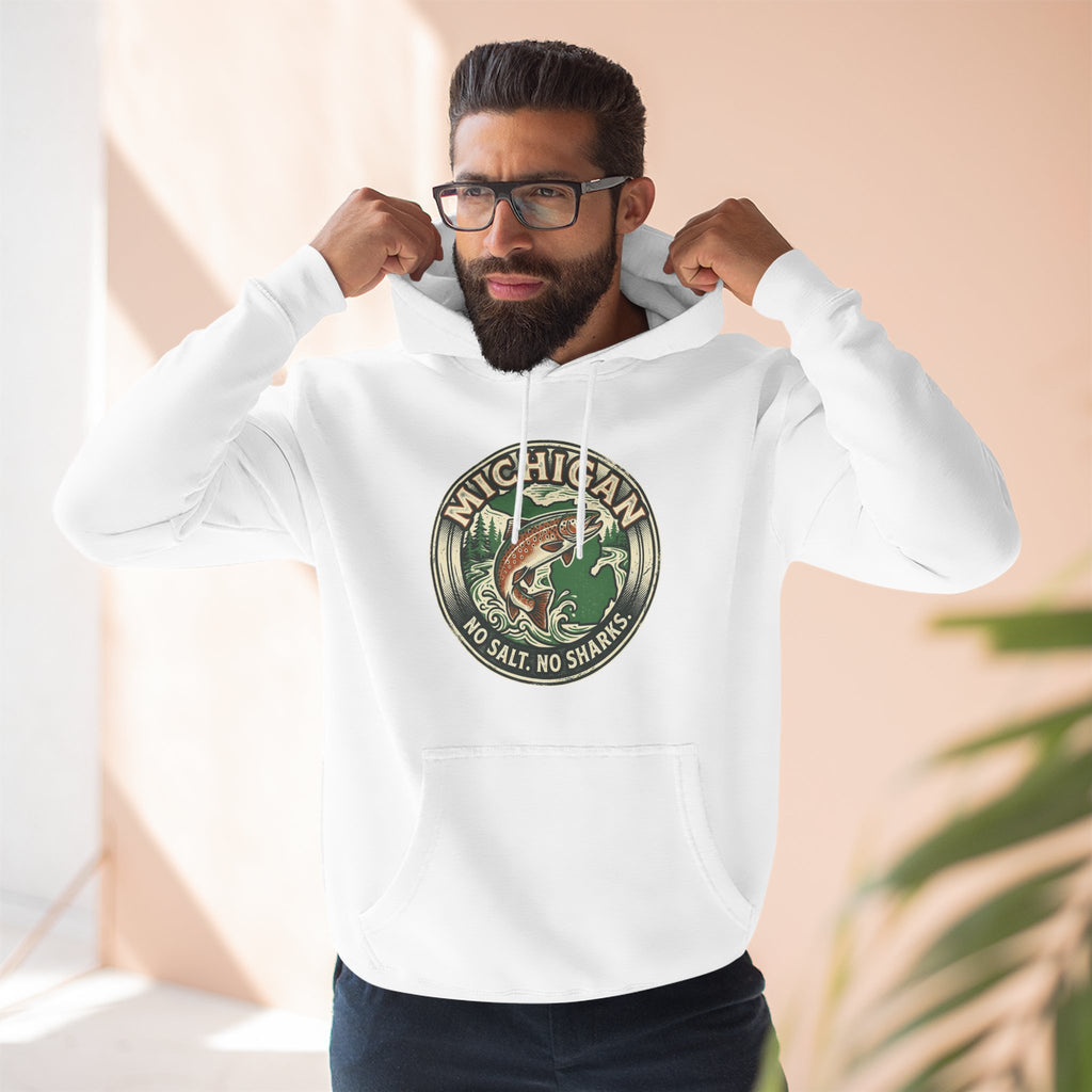 Michigan Fishing Badge Hoodie — No Salt, No Sharks Graphic Pullover