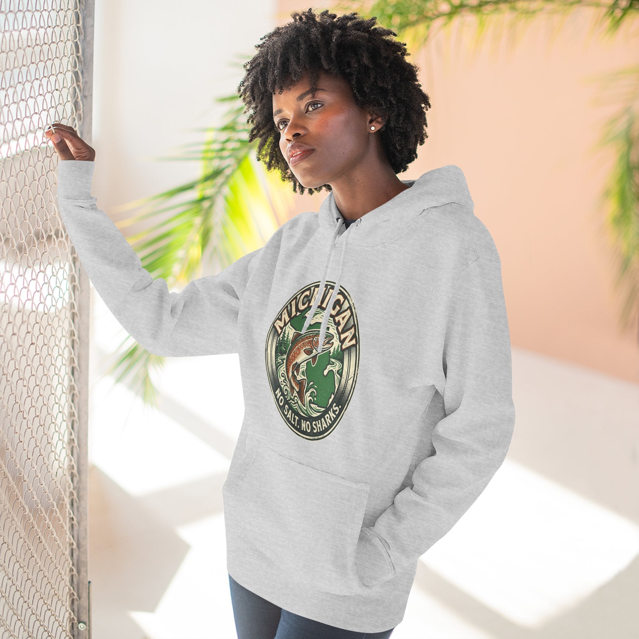 Michigan Fishing Badge Hoodie — No Salt, No Sharks Graphic Pullover